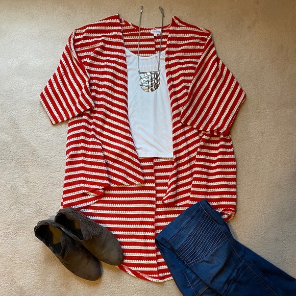 LuLaRoe Sweaters - LuLaRoe Red and White Striped Lindsay Cardigan